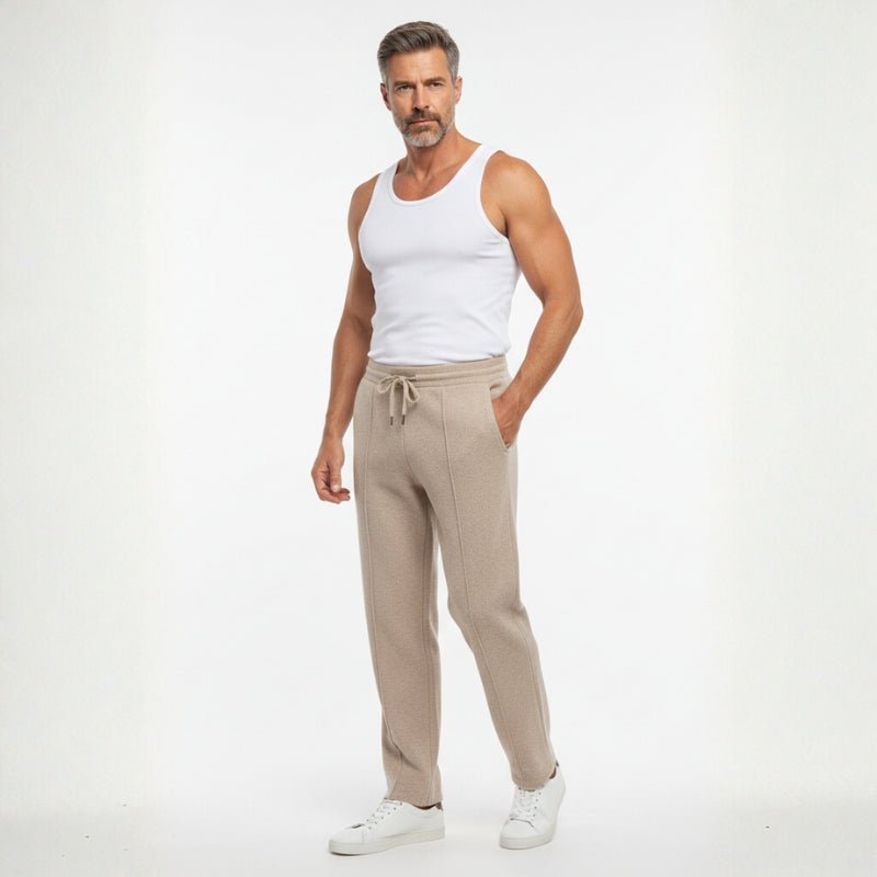 Relaxed fit knit drawstring pants with front seam detail for men | Solenne