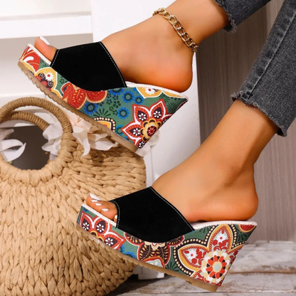 Velvet wedge mule sandal with floral printed heel detail for women | Boheme