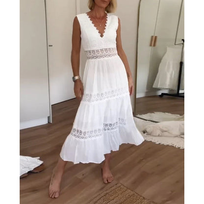 Elegant lace midi dress with V neck and open back for women | Aurélie