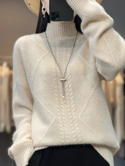Cable knit turtleneck sweater with refined textured design for women | Ellis