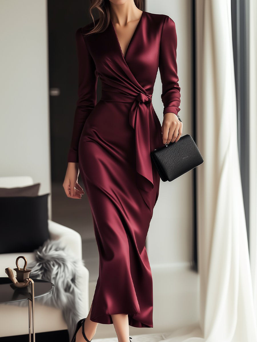 Burgundy Wrap Dress with Waist Tie for women | Selmira
