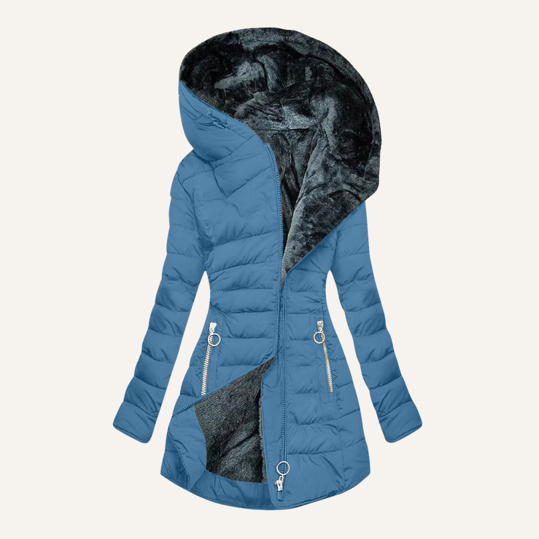 Winter hooded coat with asymmetrical zip and plush lining for women | Gina