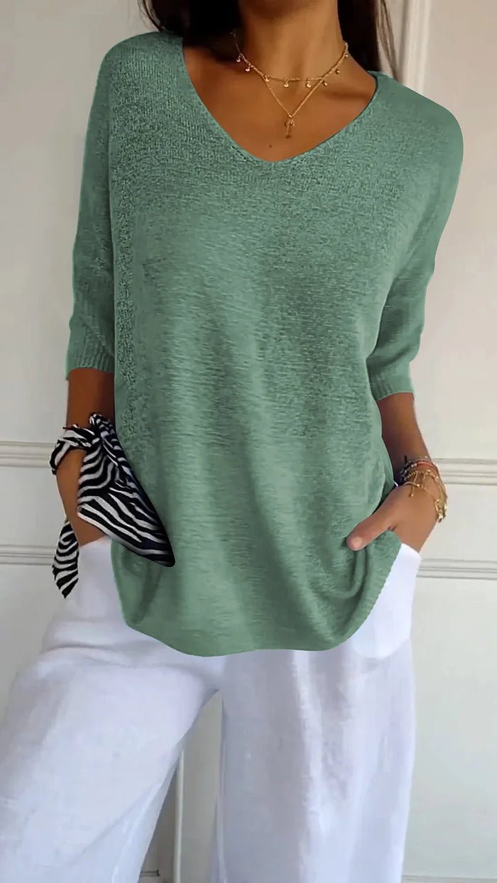 V-neck lightweight knit top with three-quarter sleeves for women | Maren