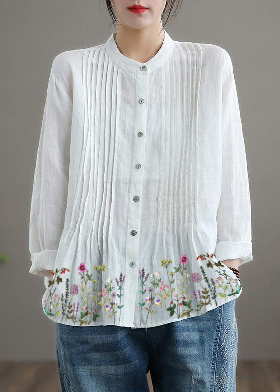 Relaxed stand-collar linen tunic blouse for women -15