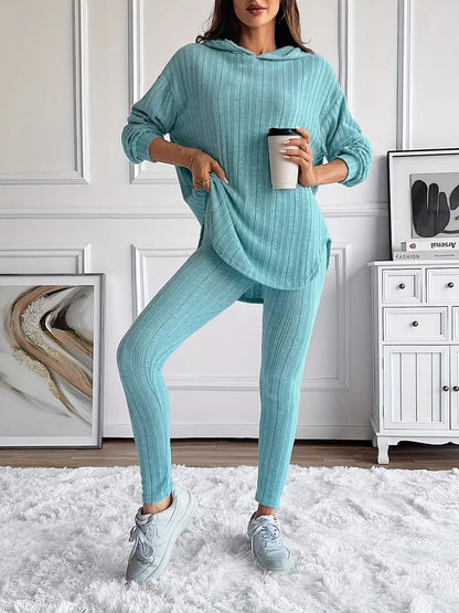 Ribbed knit lounge set with hooded top and high waist leggings for women | Camden
