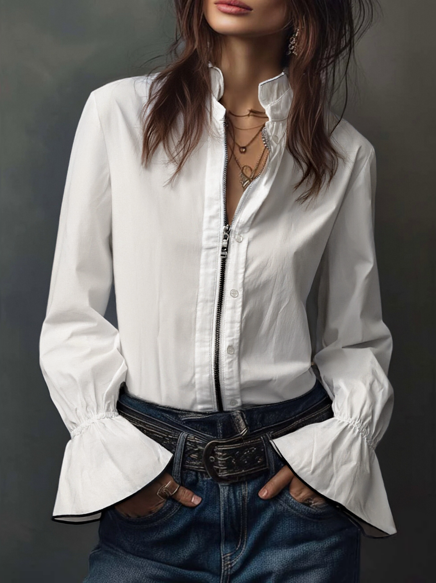 Elegant zip-front flounce-cuff blouse for women -4