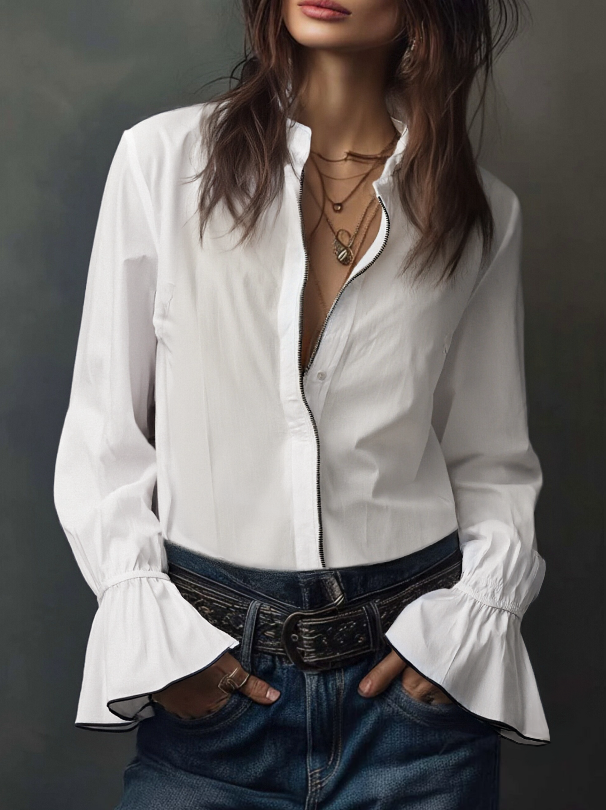 Elegant zip-front flounce-cuff blouse for women -3