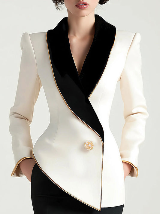Asymmetrical White Blazer with Contrast Lapels for women | Corvella