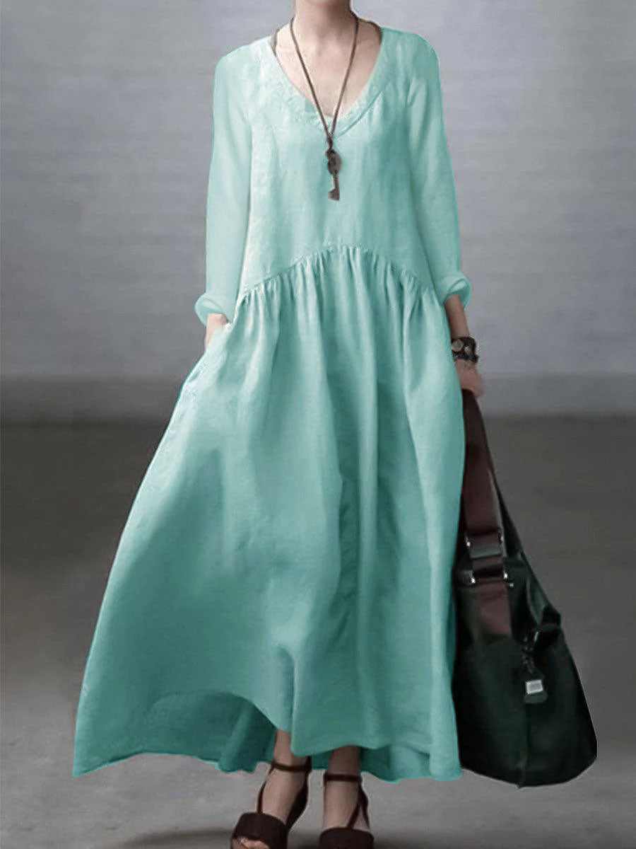 Relaxed v-neck linen casual dress for women -9