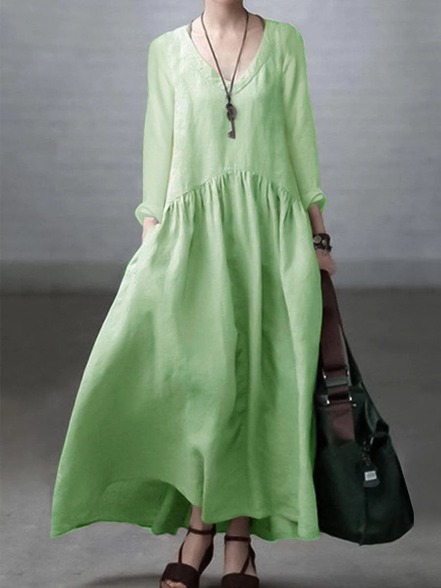 Relaxed v-neck linen casual dress for women -10