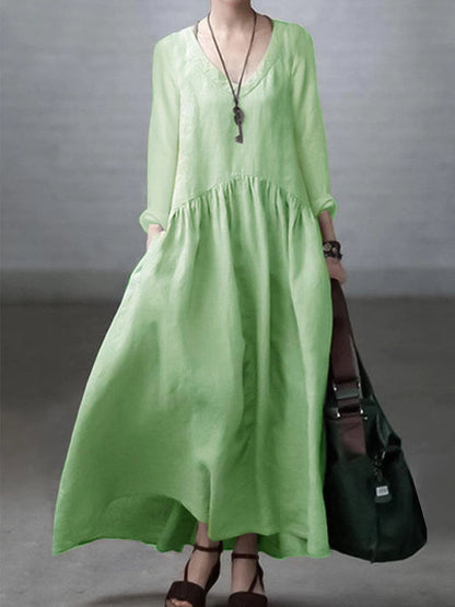 Relaxed v-neck linen casual dress for women -10