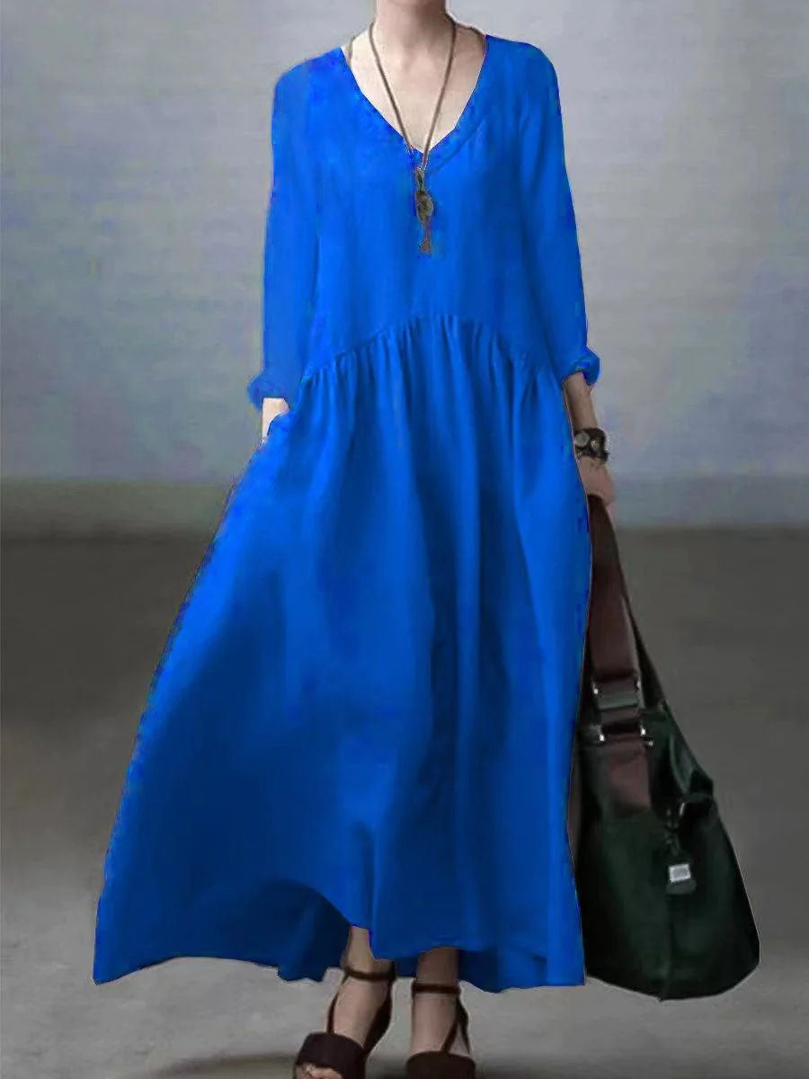 Relaxed v-neck linen casual dress for women -11