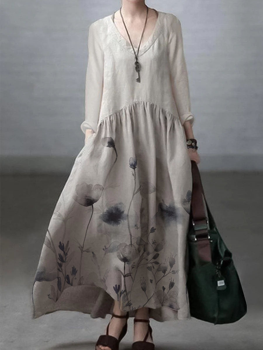 Relaxed v-neck linen casual dress for women -3