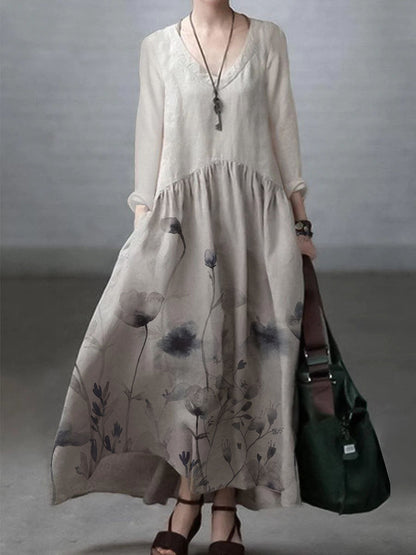 Relaxed v-neck linen casual dress for women -3