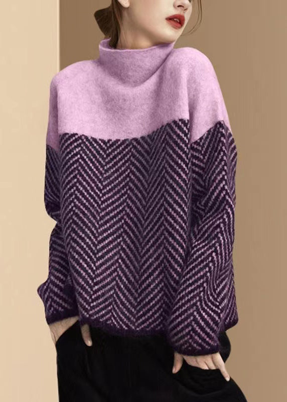 Cosy turtleneck patchwork knit pullover for women -7