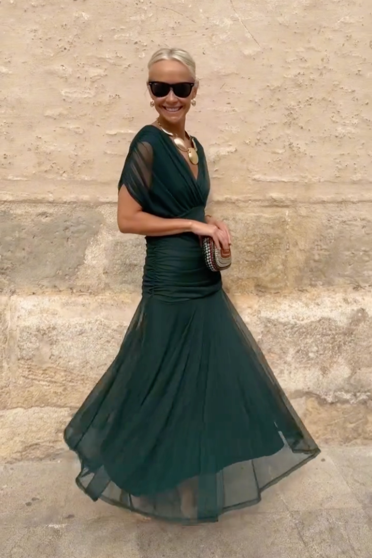 Elegant V neck pleated waist fantasy maxi dress for women | Seraphina