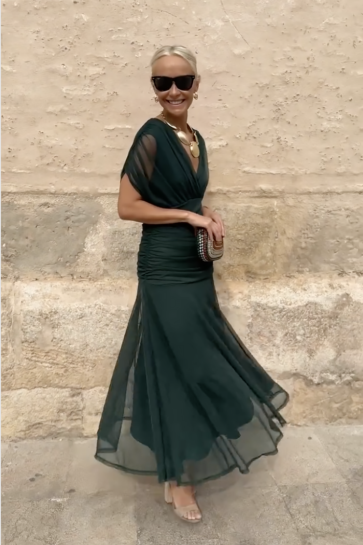 Elegant V neck pleated waist fantasy maxi dress for women | Seraphina