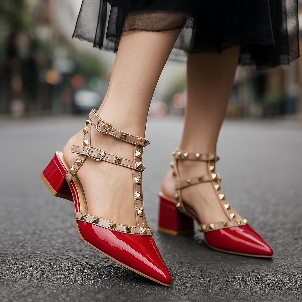 Studded Ankle Strap Block Heel Pumps for women | Calista