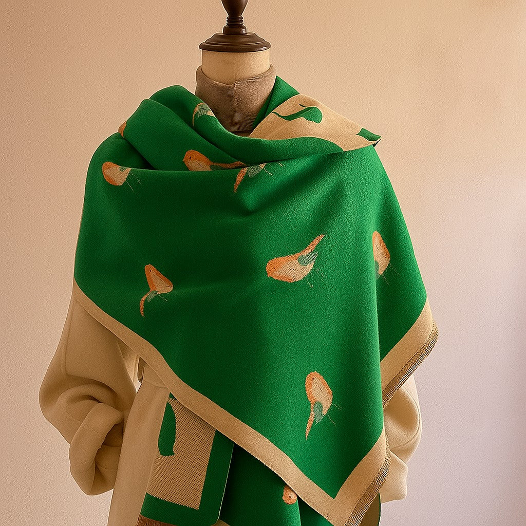 Lightweight woven scarf with fringe and bird motif for women | Avira