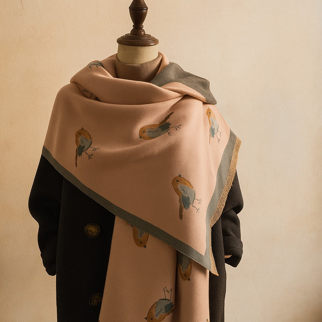 Lightweight woven scarf with fringe and bird motif for women | Avira