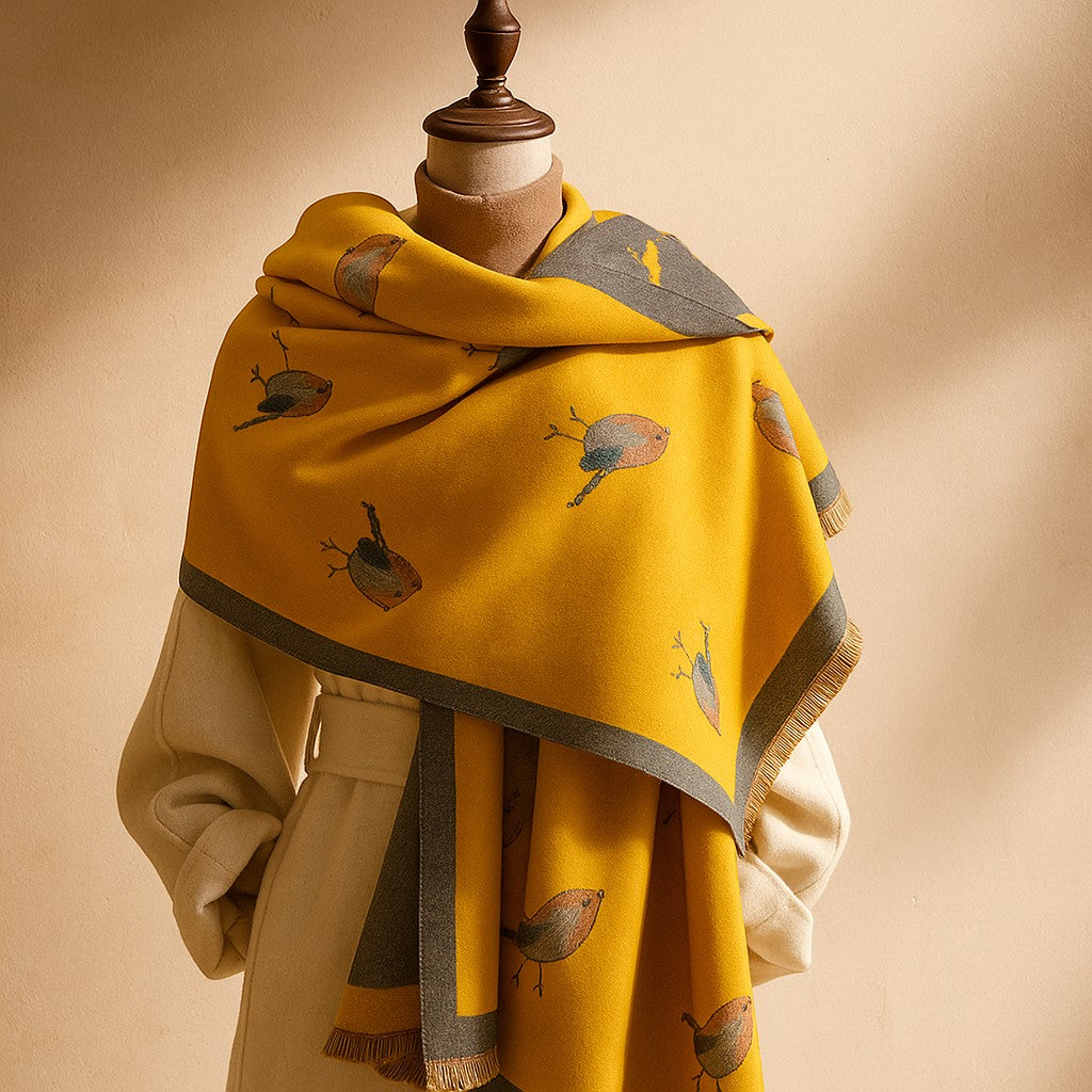 Lightweight woven scarf with fringe and bird motif for women | Avira