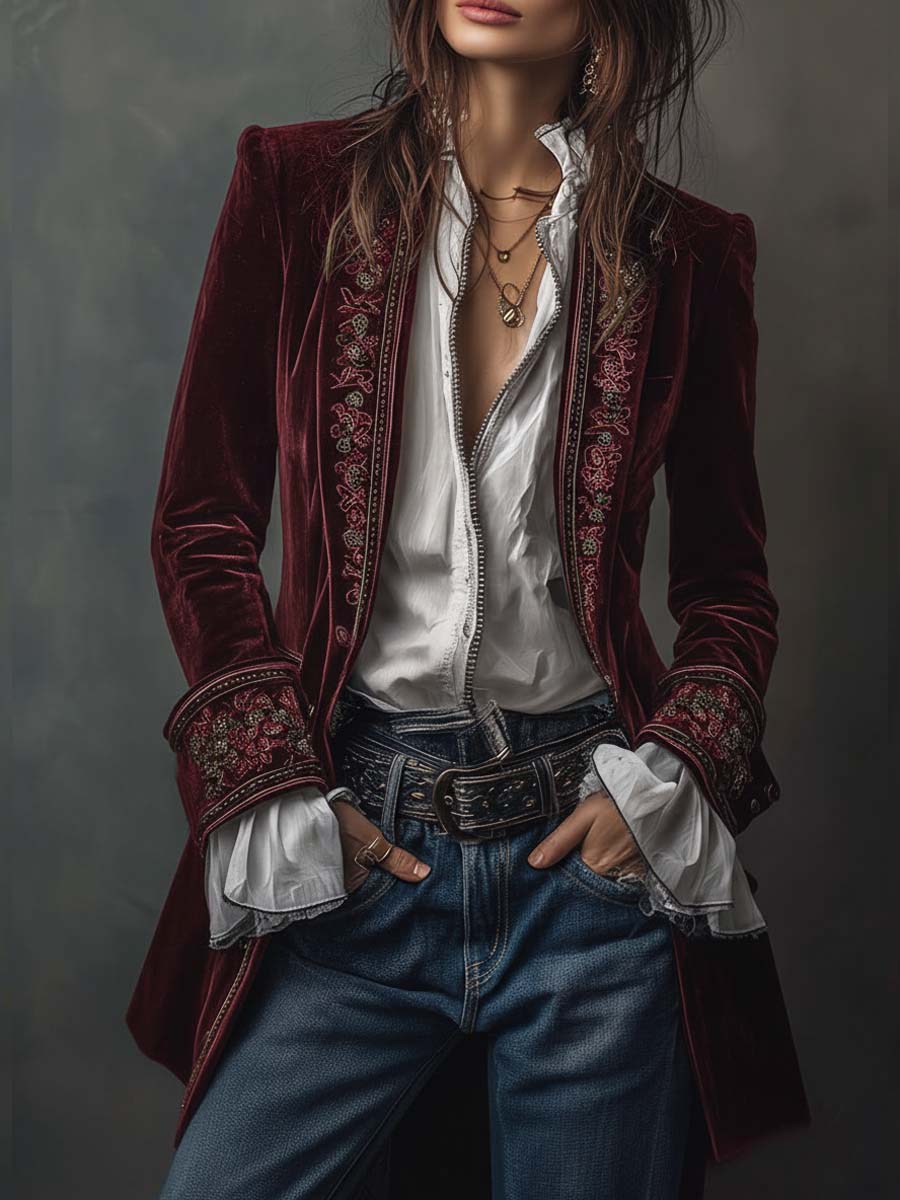 Vintage velvet embroidered longline blazer for women -11