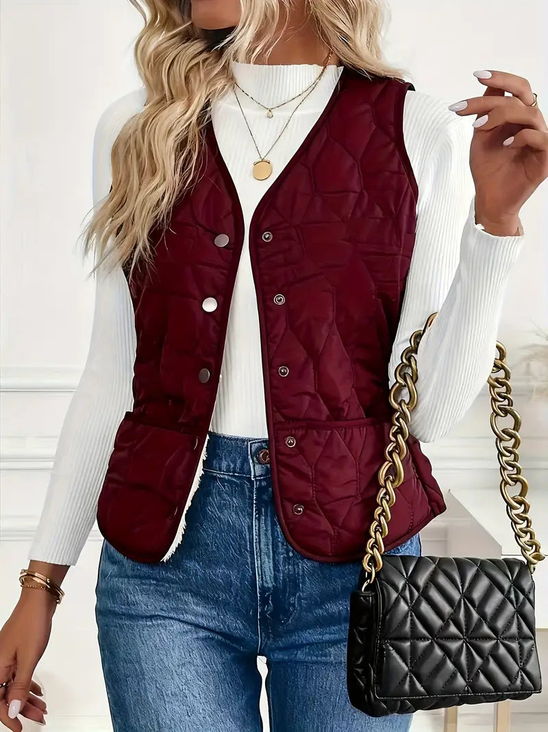 Quilted bomber vest with snap button front detail for women | Pique