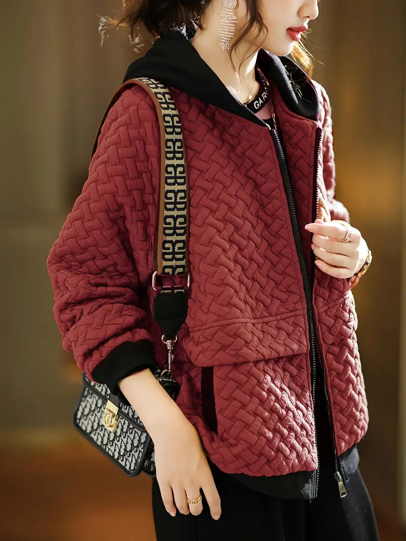 Quilted zip up hoodie with basketweave textured design for women | Mirelle