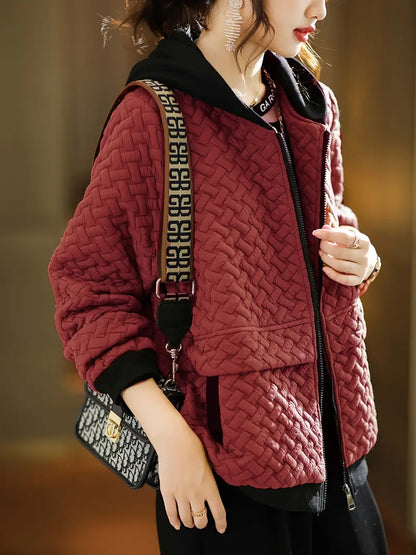 Quilted zip up hoodie with basketweave textured design for women | Mirelle