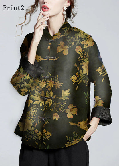 Elegant stand-collar print silk coat for women -7