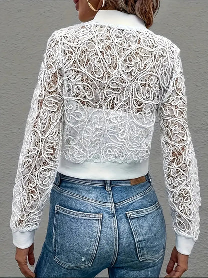 Cropped lace embroidered bomber jacket with ribbed trim for women | Elowen