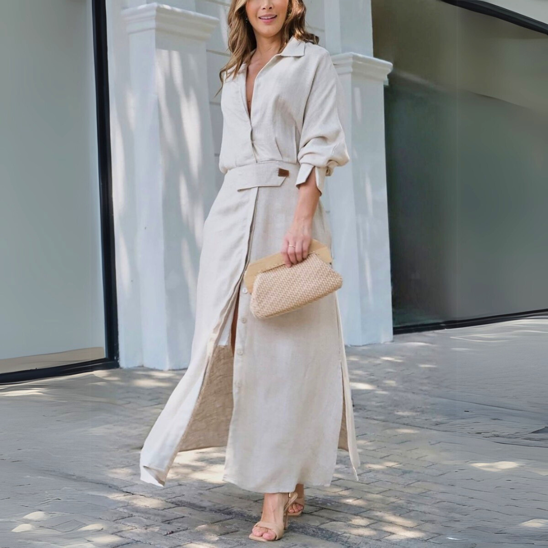 Elegant V neck flowing maxi dress with relaxed fit for women | Jeanette