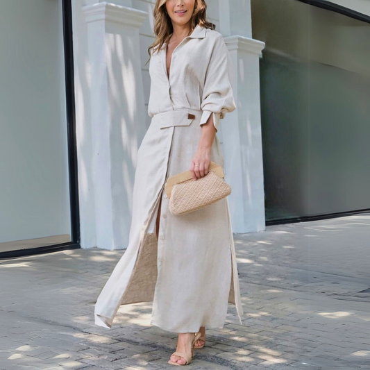 Elegant V neck flowing maxi dress with relaxed fit for women | Jeanette