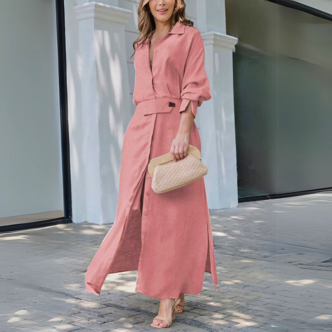 Elegant V neck flowing maxi dress with relaxed fit for women | Jeanette