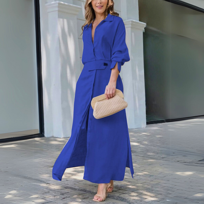 Elegant V neck flowing maxi dress with relaxed fit for women | Jeanette