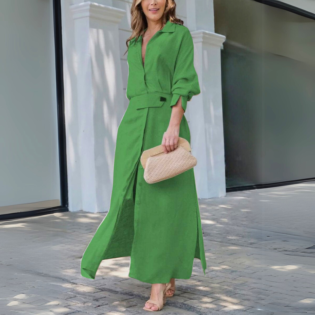 Elegant V neck flowing maxi dress with relaxed fit for women | Jeanette