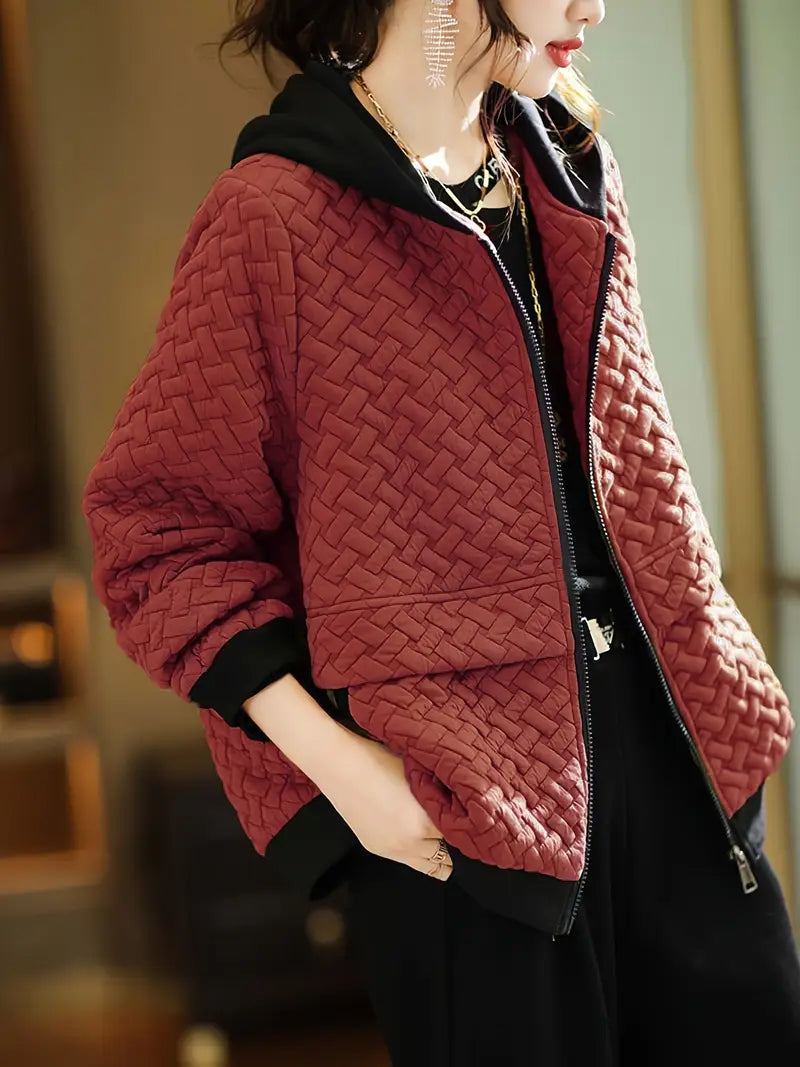 Quilted zip up hoodie with basketweave textured design for women | Mirelle
