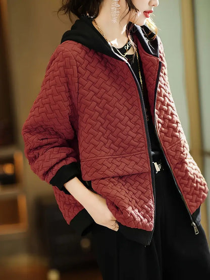 Quilted zip up hoodie with basketweave textured design for women | Mirelle