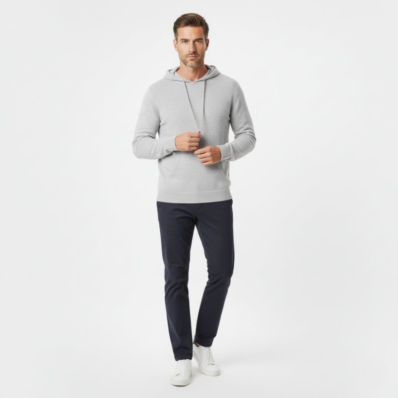 Tailored fit knit hoodie with ribbed detailing for men | Arvion