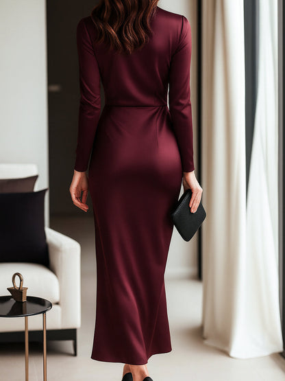 Burgundy Wrap Dress with Waist Tie for women | Selmira