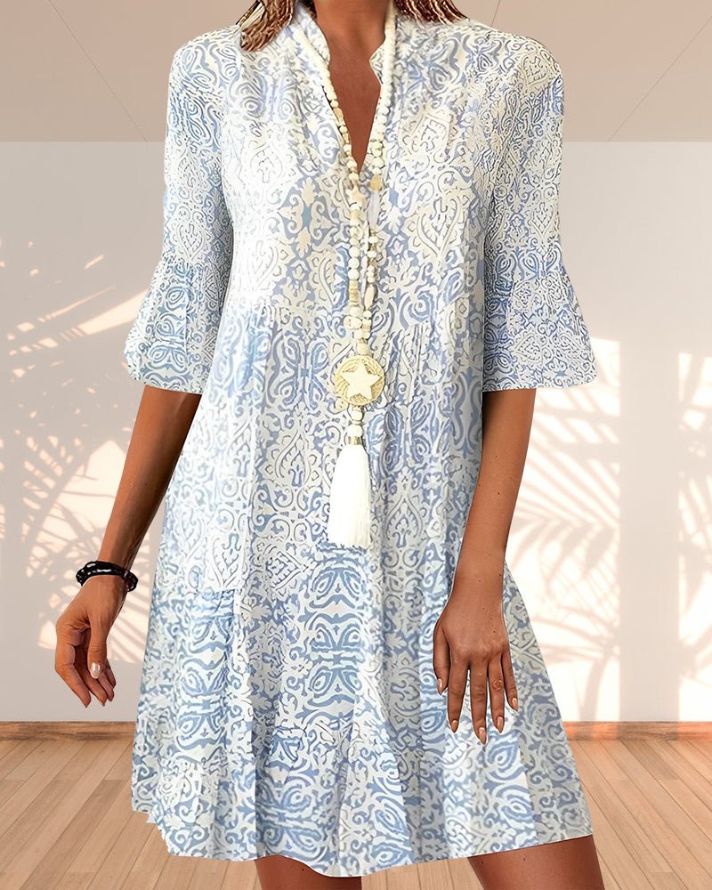 Boho print tunic dress with flared sleeves for women | Solene