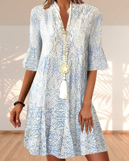 Boho print tunic dress with flared sleeves for women | Solene
