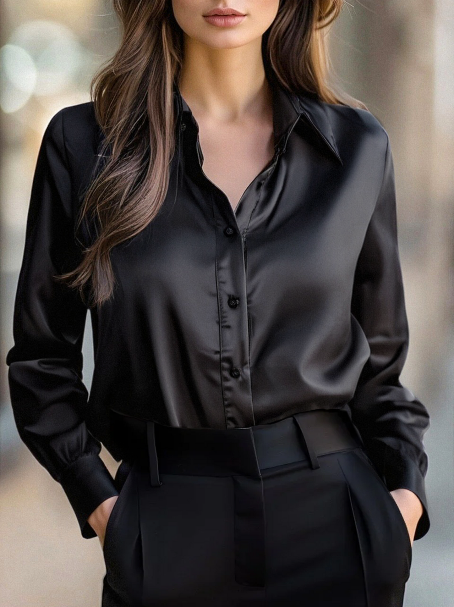 Black Long Sleeve Blouse with Lapel Collar for women | Virella