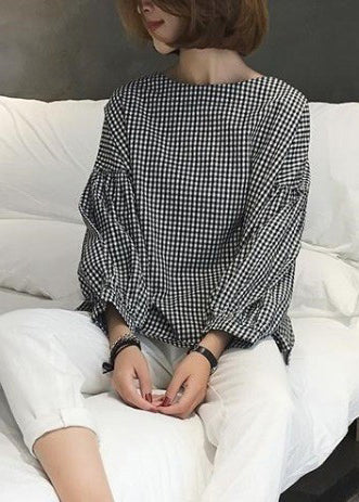 Plaid asymmetric plus-size cotton blouse for women -2
