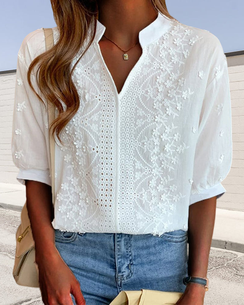 V-neck puff-sleeve patchwork blouse for women | Amélie -2