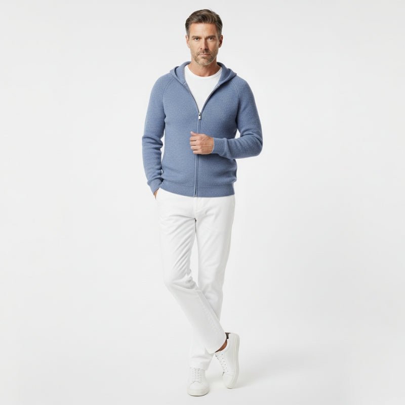 Lightweight full zip knit hoodie with ribbed trim for men | Orvane