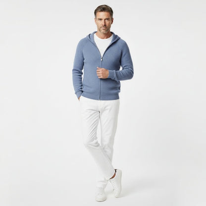 Lightweight full zip knit hoodie with ribbed trim for men | Orvane