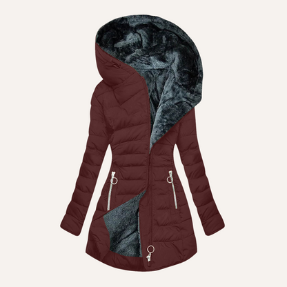 Winter hooded coat with asymmetrical zip and plush lining for women | Gina