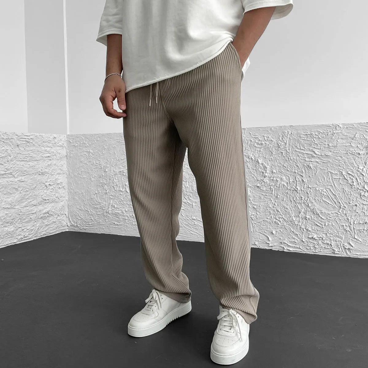 Relaxed straight leg ribbed knit pants with drawstring for men | Virel