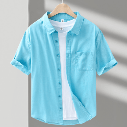 Lightweight short sleeve button front shirt with chest pocket for men | Brisa